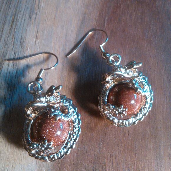 Gold Sandstone and Brown Austrian Crystal Dragon Dangle Earrings - Picture 3 of 9